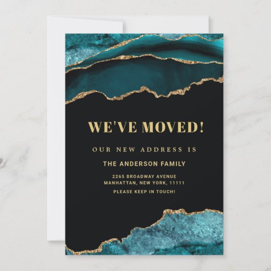 金ゴールドとティール（緑がかった色）ブルーマーブル新しいアドレス移動 案内状 (正面)