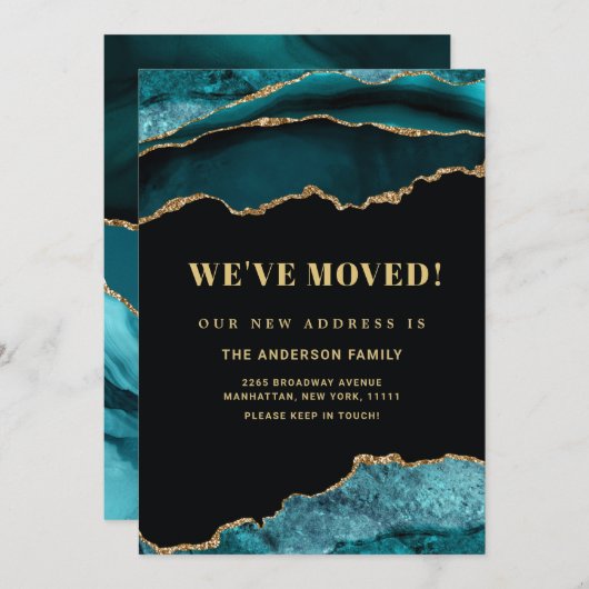 金ゴールドとティール(緑がかった色)ブルーマーブル新しいアドレス移動 案内状 (正面/裏面)