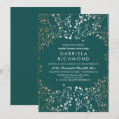 金ゴールドとティール（緑がかった色）ベビーズブレスブライダルシャワー 招待状 (正面/裏面)