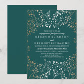 金ゴールドとティール（緑がかった色）ベビーズブレス婚約パーティ 招待状 (正面/裏面)
