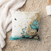 金ゴールドとティール(緑がかった色)ミッドセンチュリー水彩花 クッション (ブランケット)