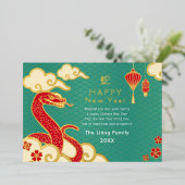 金ゴールドとティール(緑がかった色)中国のの新年のヘビ 箔シーズンカード (立ち正面)