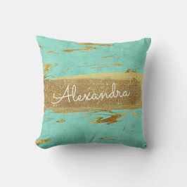 金ゴールドとティール（緑がかった色）大理石と金箔とグリッター クッション