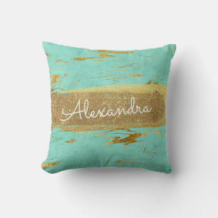 金ゴールドとティール（緑がかった色）大理石と金箔とグリッター クッション