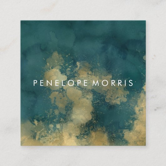 金ゴールドとティール（緑がかった色）抽象芸術美しいスタイリスト スクエア名刺 (正面)
