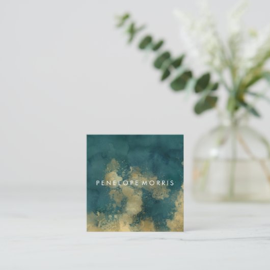 金ゴールドとティール（緑がかった色）抽象芸術美しいスタイリスト スクエア名刺 (スタンド正面)