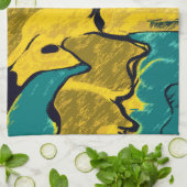 金ゴールドとティール（緑がかった色）抽象芸術 キッチンタオル (折り畳み)