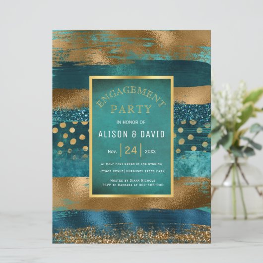 金ゴールドとティール（緑がかった色）絵を描のストローク婚約パーティ 招待状 (スタンド正面)