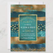 金ゴールドとティール(緑がかった色)絵を描のストローク婚約パーティ 招待状 (正面)