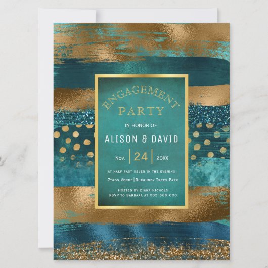 金ゴールドとティール（緑がかった色）絵を描のストローク婚約パーティ 招待状 (正面)