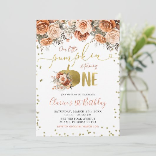 金ゴールドとテラコッタフローラパンプキンファースト誕生日 招待状 (スタンド正面)