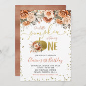 金ゴールドとテラコッタフローラパンプキンファースト誕生日 招待状 (正面/裏面)