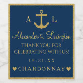 金ゴールドとネイビーブルーいかりモノグラム結婚ズ ワインラベル (シングルラベル)