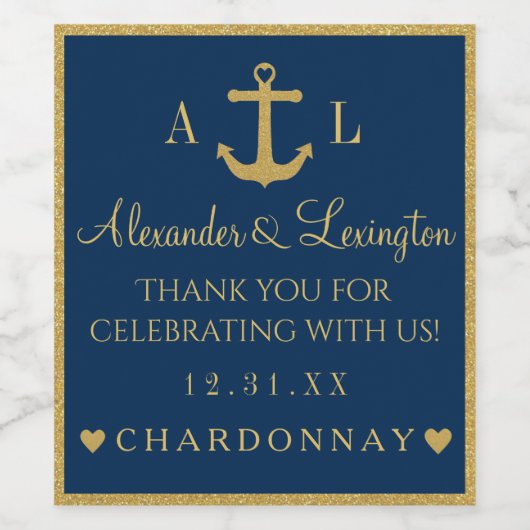 金ゴールドとネイビーブルーいかりモノグラム結婚ズ ワインラベル (シングルラベル)