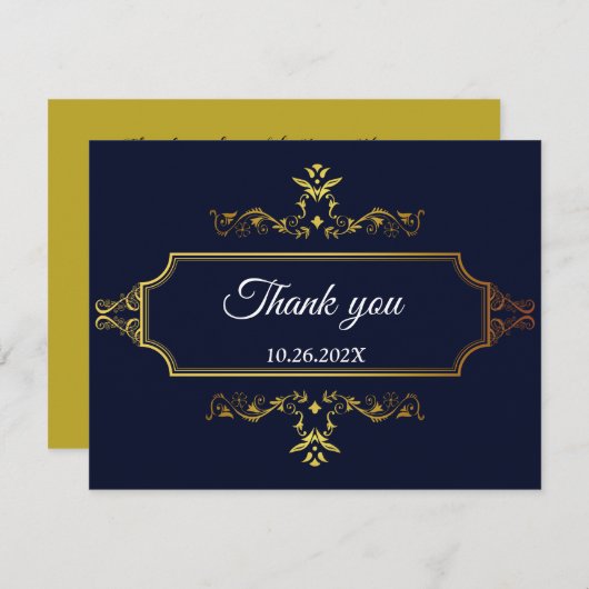 金ゴールドとネイビーブルーインディアンスタイルエンベロープエンクロージャ 出欠カード (正面/裏面)