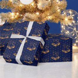 金ゴールドとネイビーブルークリスマスベル ラッピングペーパー