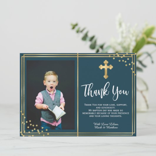 金ゴールドとネイビーブルーバプテスマのサンキューカード サンキューカード (スタンド正面)