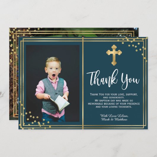 金ゴールドとネイビーブルーバプテスマのサンキューカード サンキューカード (正面/裏面)