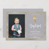 金ゴールドとネイビーブルーバプテスマの洗礼招待状 シーズンカード (正面/裏面)