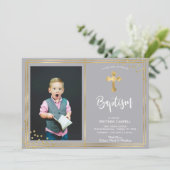 金ゴールドとネイビーブルーバプテスマの洗礼招待状 シーズンカード (スタンド正面)