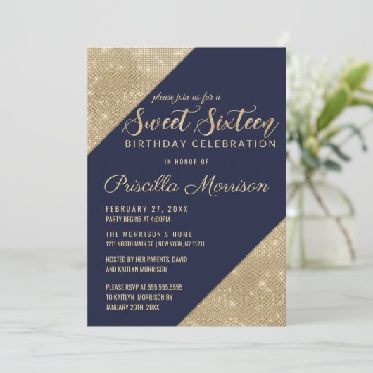 金ゴールドとネイビーブルーフェイクグリッターセクインスイート16 招待状 (スタンド正面)