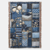 金ゴールドとネイビーブルーライトブルーデニムルック スローブランケット (正面縦)