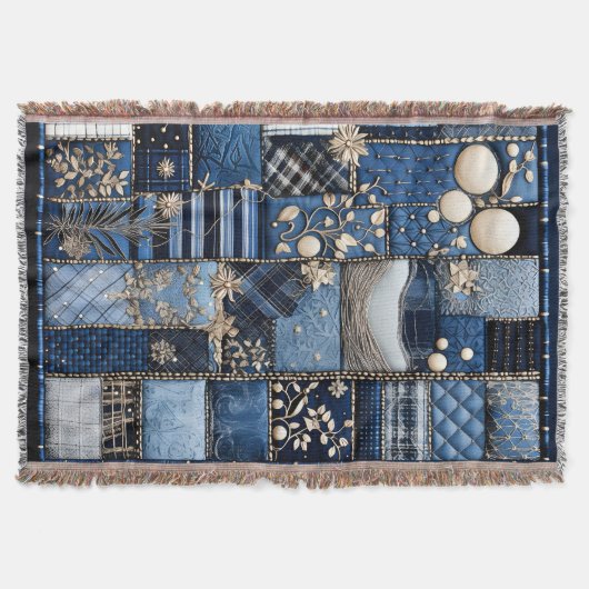 金ゴールドとネイビーブルーライトブルーデニムルック スローブランケット (正面)