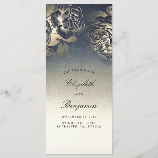 金ゴールドとネイビーブルーヴィンテージ結婚式プログラム プログラム (正面)