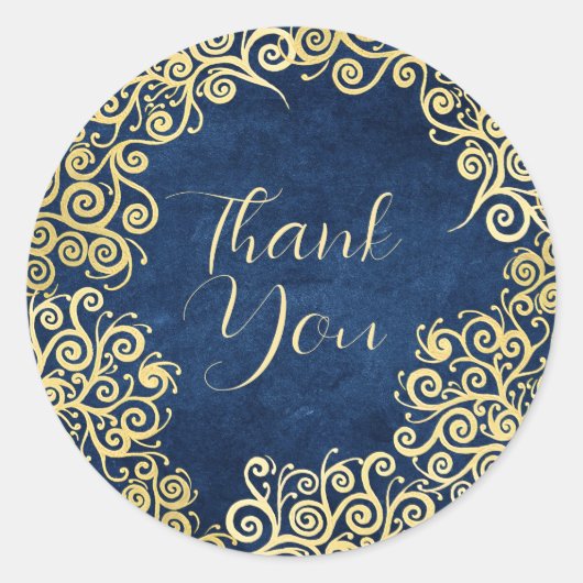 金ゴールドとネイビーブルー渦巻きクラスボホありがとう ラウンドシール (正面)