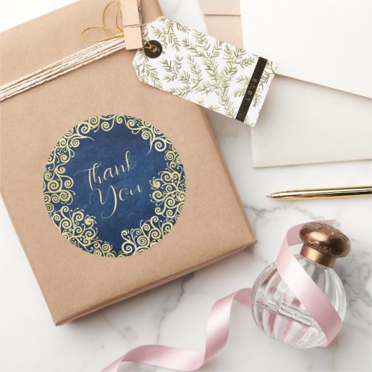 金ゴールドとネイビーブルー渦巻きクラスボホありがとう ラウンドシール (ギフト)