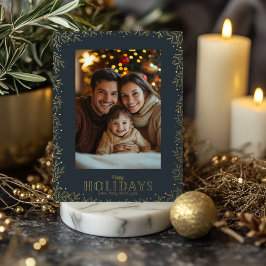 金ゴールドとネイビーホリーのクリスマスポストカード 箔シーズンポストカード