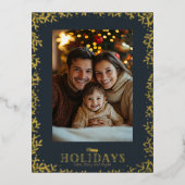 金ゴールドとネイビーホリーのクリスマスポストカード 箔シーズンポストカード (正面)