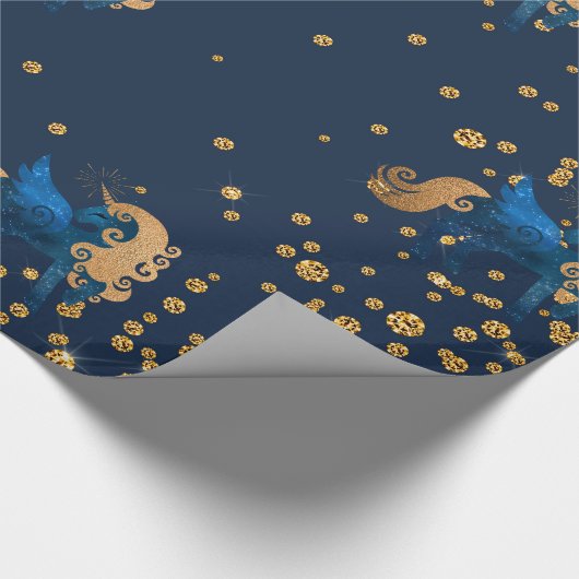 金ゴールドとネイビーユニコーン誕生日結婚のラップ ラッピングペーパー (角)