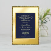 金ゴールドとネイビー結婚ブルーの箔招待状 箔招待状 (立ち正面)