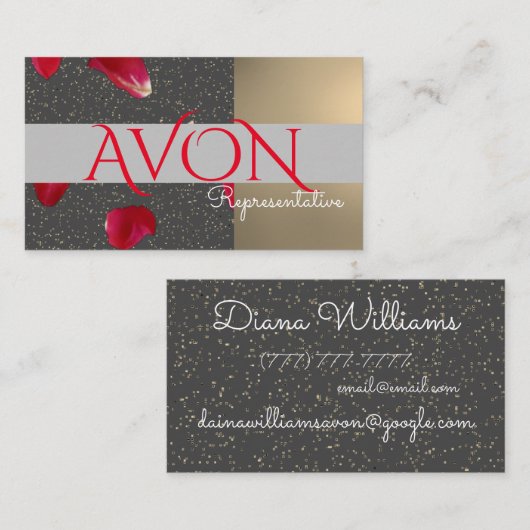 金ゴールドとバラパーソナライズされたAvon 名刺 (正面/裏面)