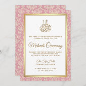 金ゴールドとバラピンクダマスクイスラムの結婚式 招待状 (正面/裏面)
