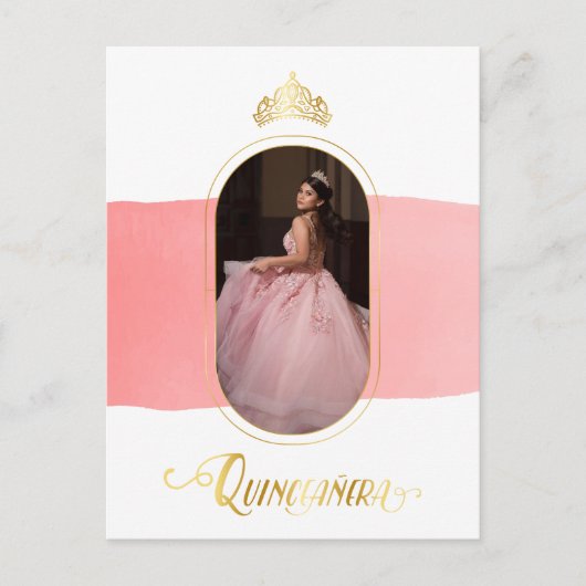 金ゴールドとバラピンク写真キンセアニェラ インビテーションポストカード (正面)