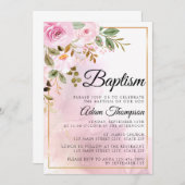 金ゴールドとバラマーブルピンクバプテスマ 招待状 (正面/裏面)