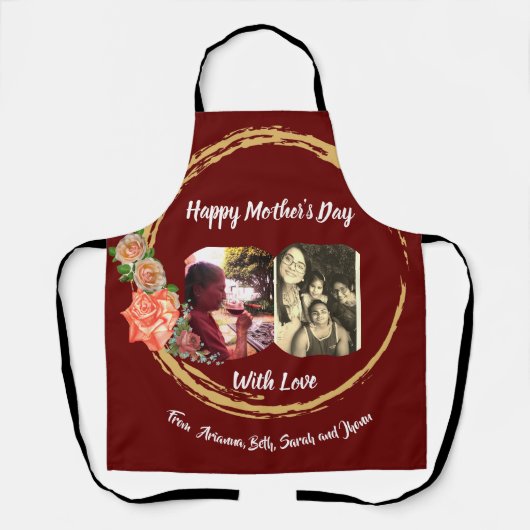 金ゴールドとバーガンディバラ母の日 エプロン (正面)