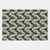 金ゴールドとパターン（の模様が）あるティール（緑がかった色）日本ののセット ラッピングペーパーシート (正面)