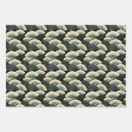 金ゴールドとパターン（の模様が）あるティール（緑がかった色）日本ののセット ラッピングペーパーシート