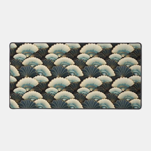 金ゴールドとパターン（の模様が）あるティール（緑がかった色）日本のフインスパイアン・モチーフ デスクマット (正面)