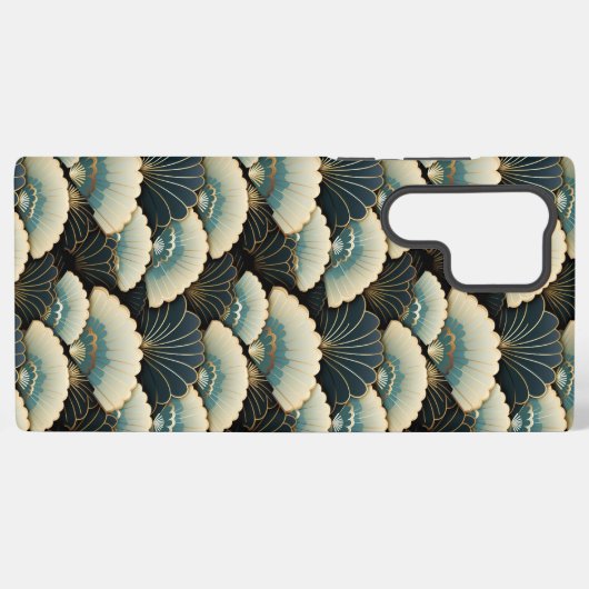 金ゴールドとパターン(の模様が)あるティール(緑がかった色)日本のフインスパイアン・モチーフ SAMSUNG GALAXYケース (裏面横)