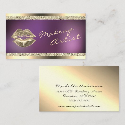 金ゴールドとパープルきらめくメイクアップアーティスト美しい 名刺 (正面/裏面)