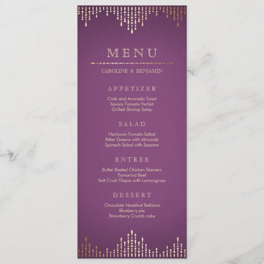 金ゴールドとパープルアートデコのヴィンテージ結婚式メニュー メニュー (正面)