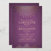 金ゴールドとパープルアートデコのヴィンテージ結婚式 招待状 (正面/裏面)