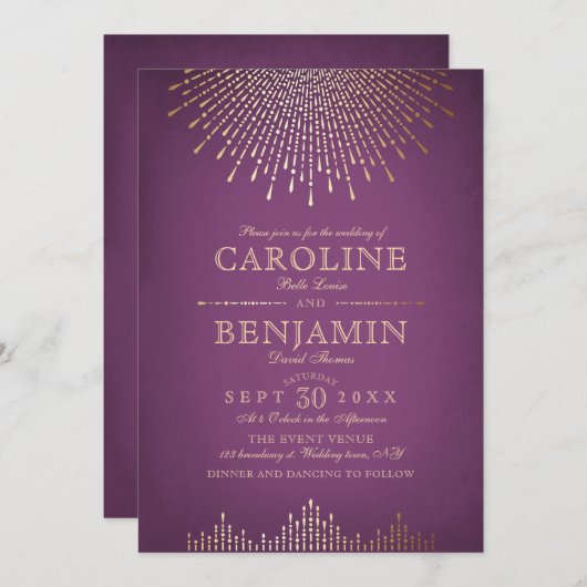 金ゴールドとパープルアートデコのヴィンテージ結婚式 招待状 (正面/裏面)