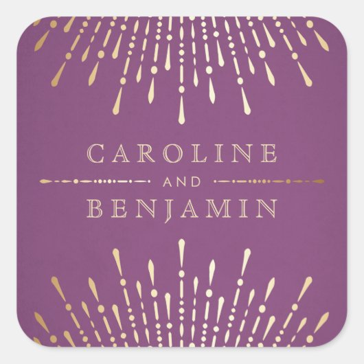 金ゴールドとパープルアートデコヴィンテージウェディングモノグラム スクエアシール (正面)