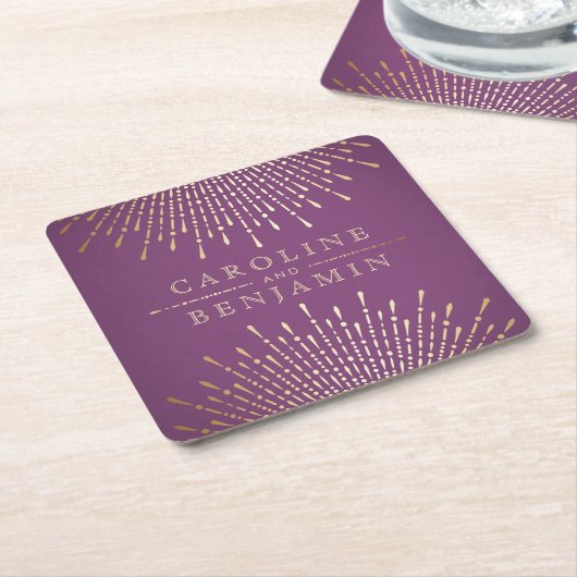 金ゴールドとパープルアートデコヴィンテージウェディングモノグラム スクエアペーパーコースター (アングル)