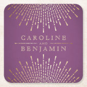 金ゴールドとパープルアートデコヴィンテージウェディングモノグラム スクエアペーパーコースター (正面)